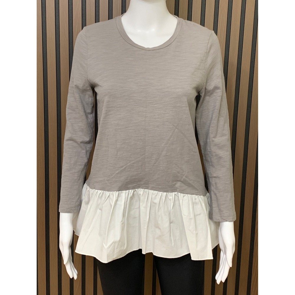 Anthropologie Grey Slub Knit White Peplum Hem Long Sleeve Top Small Mixed Media